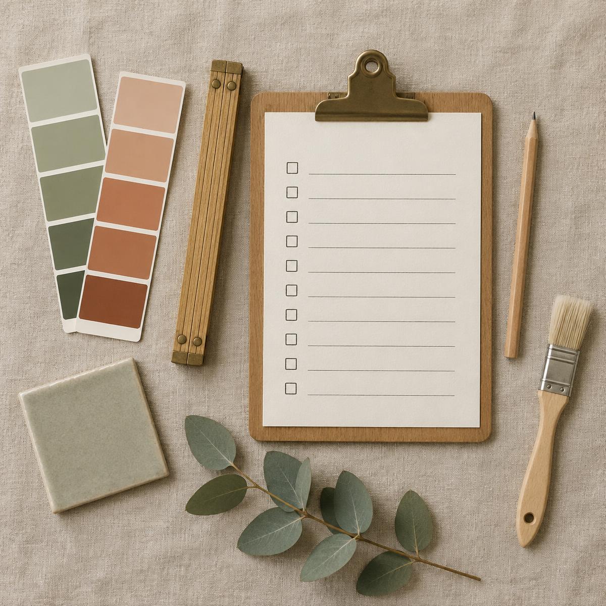 Paint swatches, ruler, and checklist